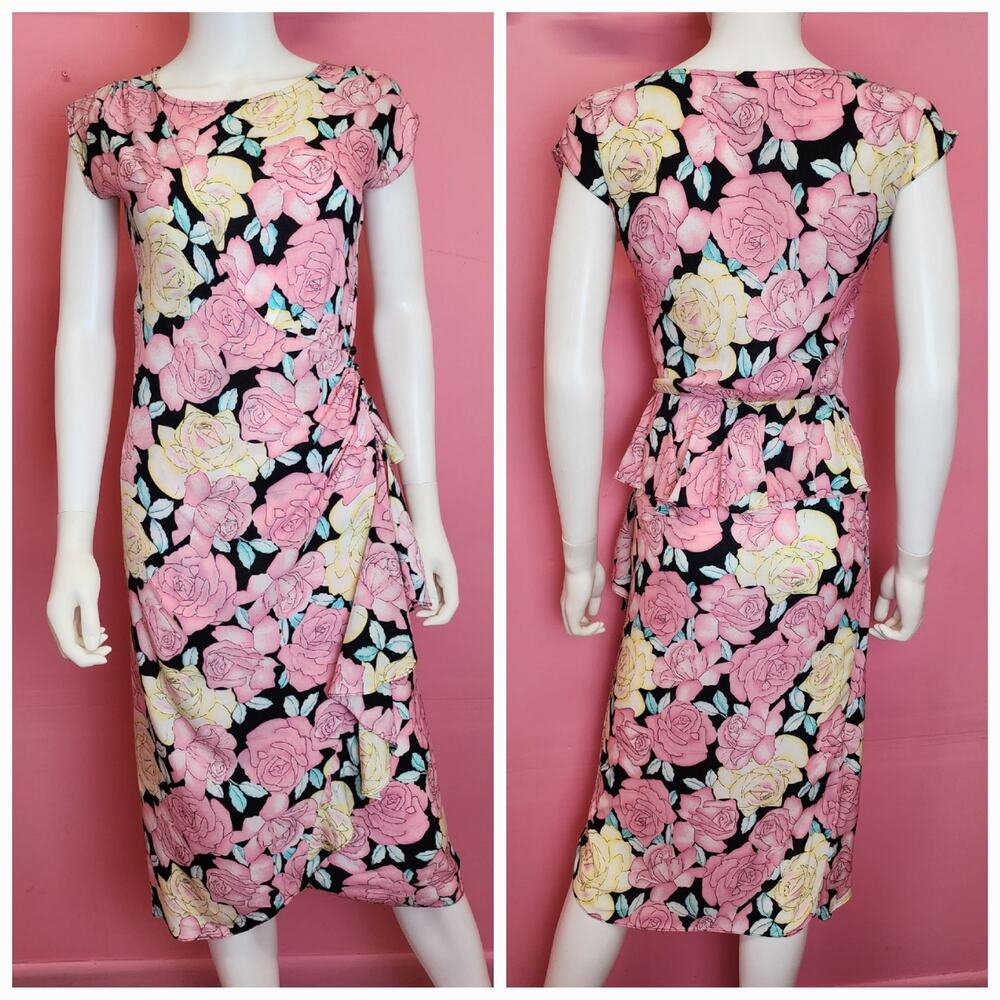 1980's Pink & Yellow Rose Floral Print Wrap Dress Peplum Waist by You Babes II